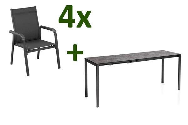 KETTLER Cubic/Basic Plus Esstischgarnitur, Anthrazit, Alu/HPL/Textilene, 140/210x70 Cm, 4 Stapelsessel 3 KETTLER Cubic/Basic Plus Esstischgarnitur, Anthrazit, Alu/HPL/Textilene, 140/210x70 Cm, 4 Stapelsessel