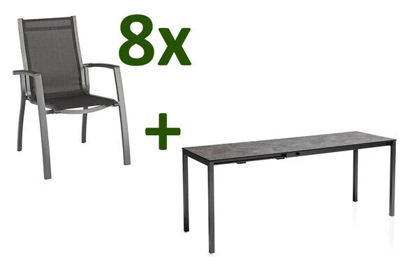 KETTLER Cubic/Altura Esstischgarnitur, Anthrazit, Alu/HPL/Textilene, 140/210x70 Cm, 8 Stapelsessel 3 KETTLER Cubic/Altura Esstischgarnitur, Anthrazit, Alu/HPL/Textilene, 140/210x70 Cm, 8 Stapelsessel