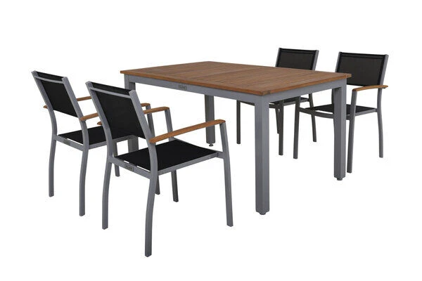 VILLANA Esstischgarnitur, Silber/schwarz, Alu / FSC-Akazienholz, Ausziehtisch 150/200 Cm, 4 Stapelsessel 4 VILLANA Esstischgarnitur, Silber/schwarz, Alu / FSC-Akazienholz, Ausziehtisch 150/200 Cm, 4 Stapelsessel – Bild 2