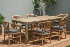 OUTFLEXX Esstischgarnitur, Edelstahl/recyceltes FSC-Teak, 200/260x100 Cm, 6 Armlehnensessel, Inkl. Polster 21 OUTFLEXX Esstischgarnitur, Edelstahl/recyceltes FSC-Teak, 200/260x100 Cm, 6 Armlehnensessel, Inkl. Polster -Gartenladen 2 19364.jpg