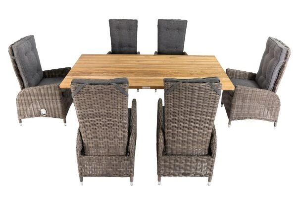 OUTFLEXX Esstischgarnitur, Edelstahl/recyceltes FSC-Teak, Tisch 200x100 Cm, 6 Hochlehner- Diningsessel, A-Gestell 4 OUTFLEXX Esstischgarnitur, Edelstahl/recyceltes FSC-Teak, Tisch 200x100 Cm, 6 Hochlehner- Diningsessel, A-Gestell – Bild 2