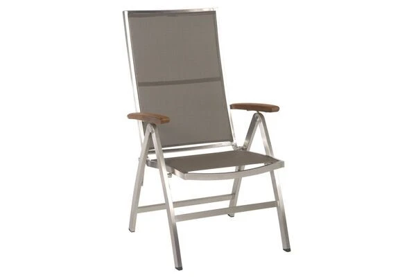 STERN Cardiff Esstischgruppe, Silber/taupe, Edelstahl/FSC-Teak, Tisch Ø 170 Cm, 6 Multipositionssessel 4 STERN Cardiff Esstischgruppe, Silber/taupe, Edelstahl/FSC-Teak, Tisch Ø 170 Cm, 6 Multipositionssessel – Bild 2