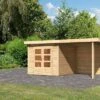 KARIBU Gartenhaus Kandern3 , Naturbelassen, Fichtenholz 28mm, 522,5 X 244 X 222 Cm, Pultdach, Anbau 2,35m Mit Rückwand -Gartenladen 30555 1 01.jpg