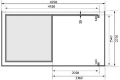 KARIBU Gartenhaus Kandern3 , Naturbelassen, Fichtenholz 28mm, 522,5 X 244 X 222 Cm, Pultdach, Anbau 2,35m Mit Rückwand -Gartenladen 30555 1 06.jpg