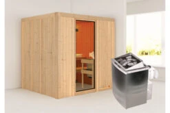 KARIBU Sodin Sauna , Naturbelassen, Fichte, 196x170x198 Cm, Fronteinstieg, BronzierteTür, Ofen 4,5 KW Integr. Str.