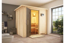 KARIBU Sodin Sauna , Naturbelassen, Fichte, 210x184x202 Cm, Fronteinstieg, Graphitfarbene Tür U.Kranz, Ofen 4,5 KW Ext. Strg. Easy