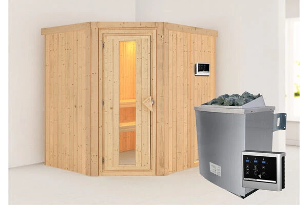 KARIBU Siirin Sauna , Naturbelassen, Fichte, 196x170x198 Cm, Eckeinstieg, Energiespartür, Ofen 4,5 KW Ext. Strg. Easy 3 KARIBU Siirin Sauna , Naturbelassen, Fichte, 196x170x198 Cm, Eckeinstieg, Energiespartür, Ofen 4,5 KW Ext. Strg. Easy