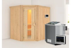 KARIBU Siirin Sauna , Naturbelassen, Fichte, 196x170x198 Cm, Eckeinstieg, Energiespartür, Ofen 4,5 KW Bio Ext. Strg.