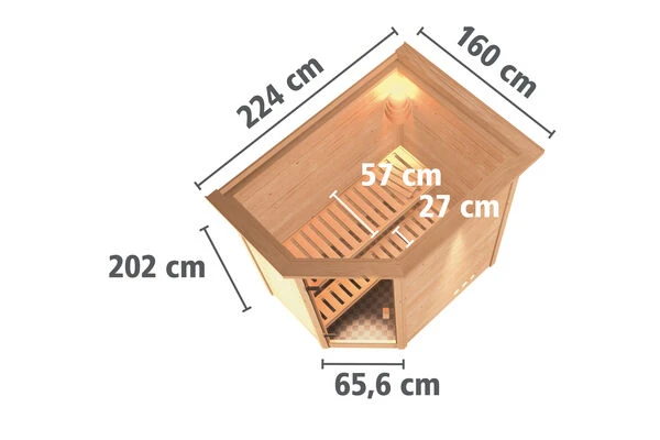 KARIBU Svea Sauna , Naturbelassen, Fichte, 224x160x202 Cm, Energiespartür U. Kranz,Ofen 4,5 KW Integr. Strg. 7 KARIBU Svea Sauna , Naturbelassen, Fichte, 224x160x202 Cm, Energiespartür U. Kranz,Ofen 4,5 KW Integr. Strg. – Bild 5