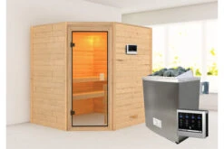 KARIBU Mia Sauna , Naturbelassen, Fichte, 196x170x198 Cm, BronzierteTür, Ofen 4,5 KW Bio Ext. Strg. Easy
