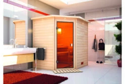 KARIBU Mia Sauna , Naturbelassen, Fichte, 224x184x202 Cm, Bronzierte Tür U. Kranz, Ofen 4,5 KW Integr. Strg.