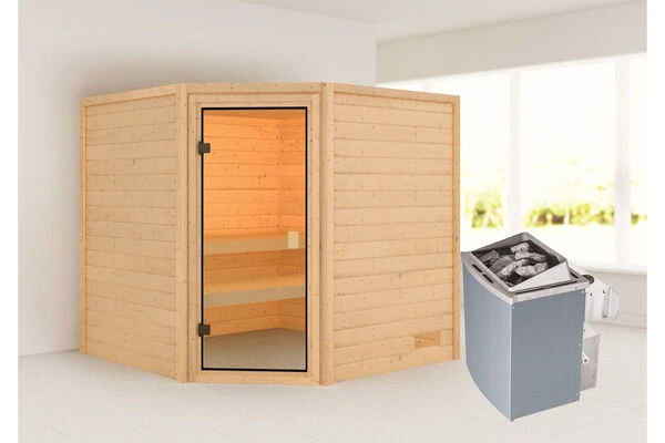 KARIBU Tilda Sauna , Naturbelassen, Fichte, 195x195x187 Cm,SETOfen 4,5 KW Integr. Strg. 3 KARIBU Tilda Sauna , Naturbelassen, Fichte, 195x195x187 Cm,SETOfen 4,5 KW Integr. Strg.