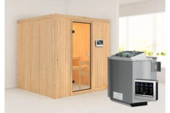 KARIBU Tromsö Sauna , Naturbelassen, Fichte, 196x178x198 Cm,SETOfen 4,5 KW Bio Ext. Strg. Easy