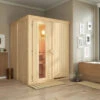 KARIBU Norin Sauna, Naturbelassen, Fichte, 151 X 151 X 198 Cm, Fronteinstieg, Energiespartür SET Mit Ofen 4,5 KW Integr. Strg.