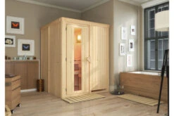 KARIBU Norin Sauna, Naturbelassen, Fichte, 151 X 151 X 198 Cm, Fronteinstieg, Energiespartür SET Mit Ofen 4,5 KW Integr. Strg.