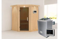 KARIBU Larin Sauna, Naturbelassen, Fichte, 165 X 165 X 202 Cm, Eckeinstieg, Mit Graphitfarbener Tür Und Kranz, SET Mit Ofen 4,5 KW Ext. Strg. Easy -Gartenladen 30913 5 02.jpg
