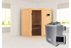 KARIBU Taurin Sauna, Naturbelassen, Fichte, 170 X 151 X 198 Cm, Eckeinstieg, Mit Graphitfarbener Tür, SET Mit Ofen 4,5 KW Ext. Strg. Easy