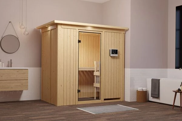 KARIBU Variado Sauna, Naturbelassen, Fichte, 210 X 132 X 202 Cm, Fronteinstieg, Mit Klarglastür Und Kranz, SET Mit Ofen 4,5 KW Ext. Strg. Easy 4 KARIBU Variado Sauna, Naturbelassen, Fichte, 210 X 132 X 202 Cm, Fronteinstieg, Mit Klarglastür Und Kranz, SET Mit Ofen 4,5 KW Ext. Strg. Easy – Bild 2