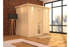 KARIBU Bodin Sauna, Naturbelassen, Fichte, 210 X 165 X 202 Cm, Fronteinstieg, Mit Energiespartür Und Kranz, SETmit Ofen 4,5 KW Integr. Str.