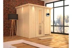 KARIBU Bodin Sauna, Naturbelassen, Fichte, 210 X 165 X 202 Cm, Fronteinstieg, Mit Energiespartür Und Kranz SETmit Ofen 4,5 KW Ext. Strg. Easy