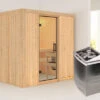 KARIBU Bodin Sauna, Naturbelassen, Fichte, 196 X 151 X 198 Cm, Fronteinstieg,mit Klarglastür SETmit Ofen 4,5 KW Integr. Str. -Gartenladen 30927 1 01.jpg