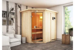 KARIBU Carin Sauna, Naturbelassen, Fichte, 210 X 165 X 202 Cm, Eckeinstieg,mit Bronzierter Tür Und Kranz SETmit Ofen 4,5 KW Bio Ext. Strg.