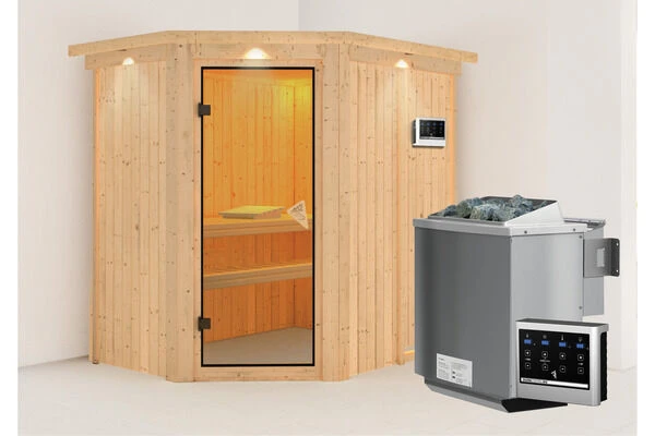 KARIBU Carin Sauna, Naturbelassen, Fichte, 210 X 165 X 202 Cm, Eckeinstieg,mit Bronzierter Tür Und Kranz SETmit Ofen 4,5 KW Bio Ext. Strg. 4 KARIBU Carin Sauna, Naturbelassen, Fichte, 210 X 165 X 202 Cm, Eckeinstieg,mit Bronzierter Tür Und Kranz SETmit Ofen 4,5 KW Bio Ext. Strg. – Bild 2