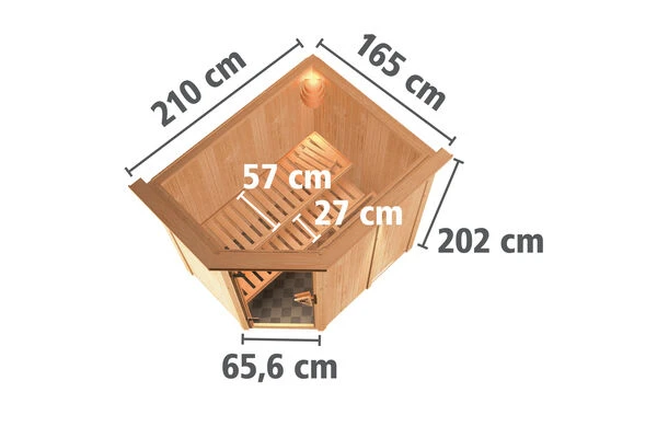 KARIBU Carin Sauna, Naturbelassen, Fichte, 210 X 165 X 202 Cm, Eckeinstieg,mit Bronzierter Tür Und Kranz SETmit Ofen 4,5 KW Bio Ext. Strg. 7 KARIBU Carin Sauna, Naturbelassen, Fichte, 210 X 165 X 202 Cm, Eckeinstieg,mit Bronzierter Tür Und Kranz SETmit Ofen 4,5 KW Bio Ext. Strg. – Bild 5