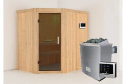 KARIBU Carin Sauna, Naturbelassen, Fichte, 196 X 151 X 198 Cm, Eckeinstieg,mit Graphitfarbener Tür SETmit Ofen 4,5 KW Ext. Strg. Easy