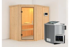 KARIBU Carin Sauna, Naturbelassen, Fichte, 196 X 151 X 198 Cm, Eckeinstieg,mit Klarglastür SETmit Ofen 4,5 KW Bio Ext. Strg.