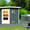 KARIBU Mikka Saunahaus, Terragrau, Fichte, 231 X 196 X 190 Cm, Eckeinstieg, Mit Moderner Tür SET Mit Ofen 9 KW Bio Ext. Strg. -Gartenladen 30939 3 01.jpg