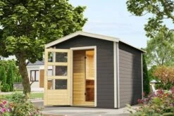 KARIBU Bosse 1 Saunahaus, Terragrau, Fichte, 231x273x235 Cm, Mit Vorraum Und Fronteinstieg