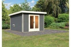 KARIBU Mainburg 1 Saunahaus, Terragrau, Fichte, 309x309x229 Cm, SET B Mit Doppelflügeltür Und Vorraum