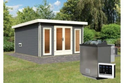 KARIBU Mainburg 3 Saunahaus, Terragrau, Fichte, 369x369x229 Cm, SET B Mit Doppelflügeltür, Vorraum Und 9 KW Bio-Ofen