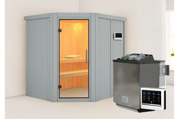 KARIBU Siirin Sauna, Lichtgrau, Fichte, 196x170x198 Cm, Inkl. Eckeinstieg, Ganzglastür Und 4,5 KW Bio-Ofen Ext. Strg. 3 KARIBU Siirin Sauna, Lichtgrau, Fichte, 196x170x198 Cm, Inkl. Eckeinstieg, Ganzglastür Und 4,5 KW Bio-Ofen Ext. Strg.
