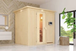 KARIBU Benin Energiespar-Sauna, Naturbelassen, Fichte, 210x165x202 Cm, Mit Kranz Und 3,6 KW Bio-Ofen Ext. Steuerung
