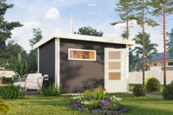 KARIBU Skrollan 2 Saunahaus, Terragrau, Fichte, 336x231x227 Cm, Moderne Tür & Holzofen Inkl. Schornstein