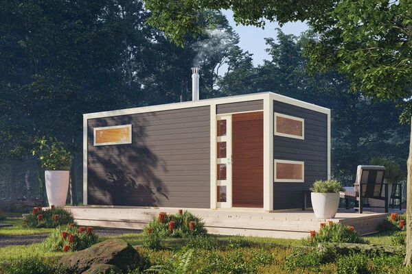 KARIBU Hygge Saunahaus, Terragrau, Fichte, 508x276x221 Cm Mit Holzofen, Inkl. Drei Liegen 3 KARIBU Hygge Saunahaus, Terragrau, Fichte, 508x276x221 Cm Mit Holzofen, Inkl. Drei Liegen