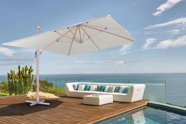 OUTFLEXX Ampelschirm, Creme, Aluminium In Holzoptik, 400x300cm, Inkl. Plattenständer 5 OUTFLEXX Ampelschirm, Creme, Aluminium In Holzoptik, 400x300cm, Inkl. Plattenständer – Bild 3