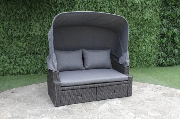 OUTFLEXX Fontana Loungebett, Grau, Polyrattan, Doppel-halbrund, Mit Unterschiebbaren Hockern, Dach Klappbar 5 OUTFLEXX Fontana Loungebett, Grau, Polyrattan, Doppel-halbrund, Mit Unterschiebbaren Hockern, Dach Klappbar – Bild 3