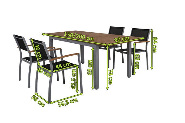 VILLANA Esstischgarnitur, Silber/schwarz, Alu / FSC-Akazienholz, Ausziehtisch 150/200 Cm, 4 Stapelsessel 7 VILLANA Esstischgarnitur, Silber/schwarz, Alu / FSC-Akazienholz, Ausziehtisch 150/200 Cm, 4 Stapelsessel – Bild 5