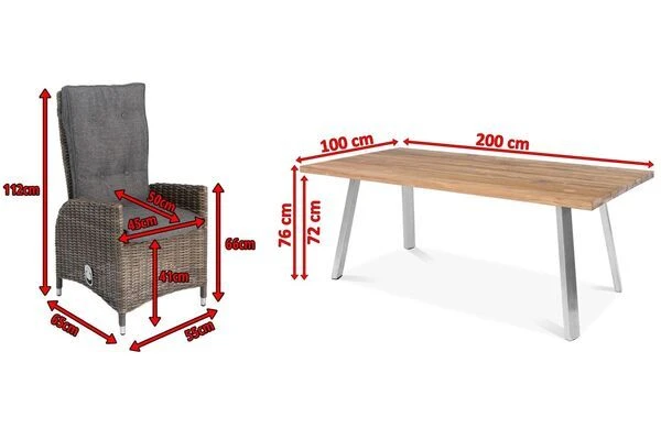 OUTFLEXX Esstischgarnitur, Edelstahl/recyceltes FSC-Teak, Tisch 200x100 Cm, 6 Hochlehner- Diningsessel, A-Gestell 7 OUTFLEXX Esstischgarnitur, Edelstahl/recyceltes FSC-Teak, Tisch 200x100 Cm, 6 Hochlehner- Diningsessel, A-Gestell – Bild 5