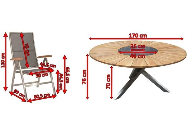 STERN Cardiff Esstischgruppe, Silber/silbergrau, Edelstahl/FSC-Teak, Tisch Ø 170 Cm, 6 Multipositionssessel 7 STERN Cardiff Esstischgruppe, Silber/silbergrau, Edelstahl/FSC-Teak, Tisch Ø 170 Cm, 6 Multipositionssessel – Bild 5