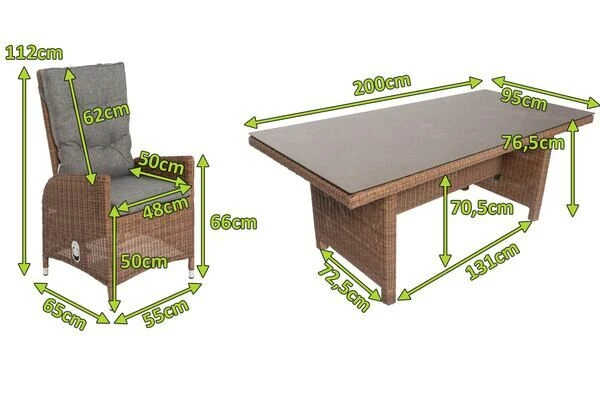 OUTFLEXX Dining Set, Hellbraun, Polyrattan, Tisch 200x95cm, Spraystone, 6mm, 6 Dining Sessel, Verstellbar 7 OUTFLEXX Dining Set, Hellbraun, Polyrattan, Tisch 200x95cm, Spraystone, 6mm, 6 Dining Sessel, Verstellbar – Bild 5