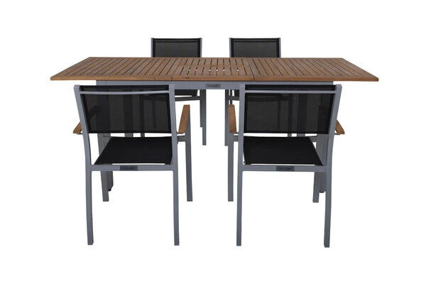 VILLANA Esstischgarnitur, Silber/schwarz, Alu / FSC-Akazienholz, Ausziehtisch 150/200 Cm, 4 Stapelsessel 8 VILLANA Esstischgarnitur, Silber/schwarz, Alu / FSC-Akazienholz, Ausziehtisch 150/200 Cm, 4 Stapelsessel – Bild 6