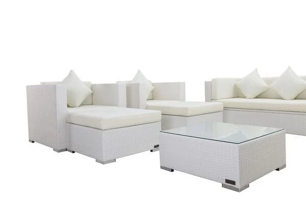 OUTFLEXX Loungemöbel-Set, Weiß, Polyrattan, Für 9 Personen, Inkl. Kaffeetisch, Wasserfeste Kissenbox 8 OUTFLEXX Loungemöbel-Set, Weiß, Polyrattan, Für 9 Personen, Inkl. Kaffeetisch, Wasserfeste Kissenbox – Bild 6