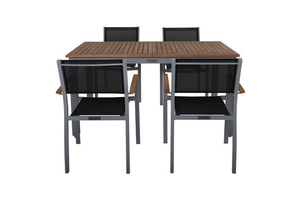 VILLANA Esstischgarnitur, Silber/schwarz, Alu / FSC-Akazienholz, Ausziehtisch 150/200 Cm, 4 Stapelsessel 9 VILLANA Esstischgarnitur, Silber/schwarz, Alu / FSC-Akazienholz, Ausziehtisch 150/200 Cm, 4 Stapelsessel – Bild 7