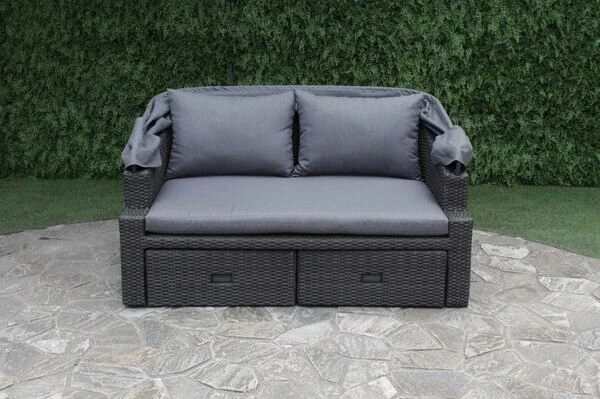 OUTFLEXX Fontana Loungebett, Grau, Polyrattan, Doppel-halbrund, Mit Unterschiebbaren Hockern, Dach Klappbar 11 OUTFLEXX Fontana Loungebett, Grau, Polyrattan, Doppel-halbrund, Mit Unterschiebbaren Hockern, Dach Klappbar – Bild 9